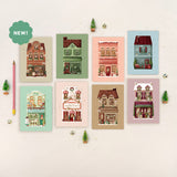 Hand‑illustrated Post Office, Mrs Claus’ Bakery, Florist, Stationery Shop, Ice Cream Parlour, Cinema, Bookshop and Cosy Clothing Co. greeting card – Studio Sue Designs